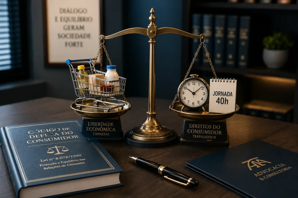 Uma balança dourada equilibra um minicarrinho de compras (lado da Liberdade Econômica) e um relógio com a placa "Jornada 40h" (lado dos Direitos do Consumidor). Em primeiro plano, o livro azul do Código de Defesa do Consumidor sobre uma mesa de advocacia.
