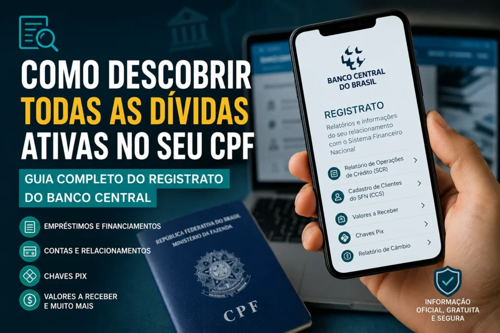 Celular exibindo a tela do Registrato do Banco Central com opções de relatórios de crédito, contas, chaves Pix e valores a receber, ao lado de um CPF, ilustrando o guia sobre como descobrir dívidas ativas no CPF