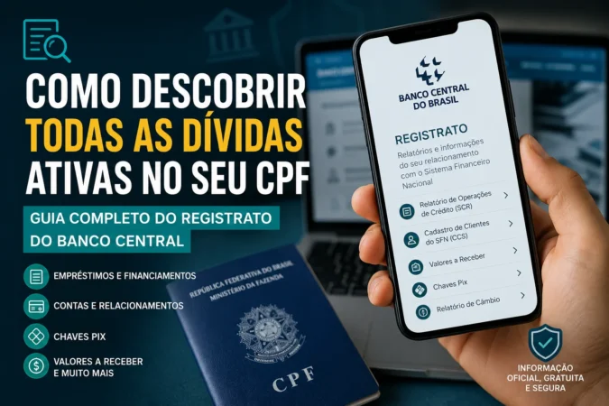 Celular exibindo a tela do Registrato do Banco Central com opções de relatórios de crédito, contas, chaves Pix e valores a receber, ao lado de um CPF, ilustrando o guia sobre como descobrir dívidas ativas no CPF